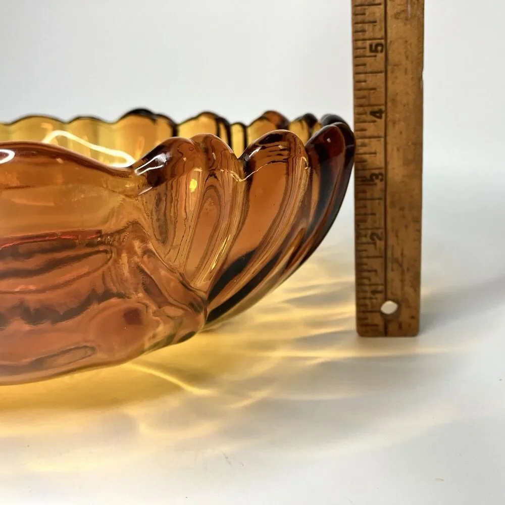Vintage Indiana Amber Glass Sunflower Peony Serving Bowl 3 footed approx 11 inch